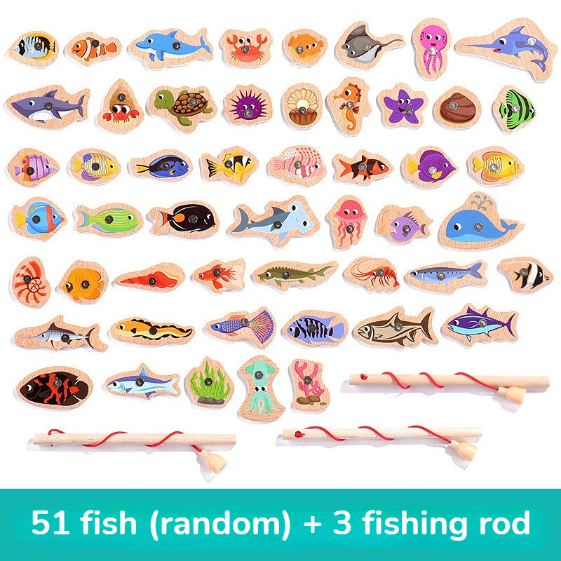 Montessori Wooden Fishing Toys For Children Magnetic Marine Life Cognition Fish Games Parent-Child Interactive Educational Toy SuperFye 31 Fish SuperFye