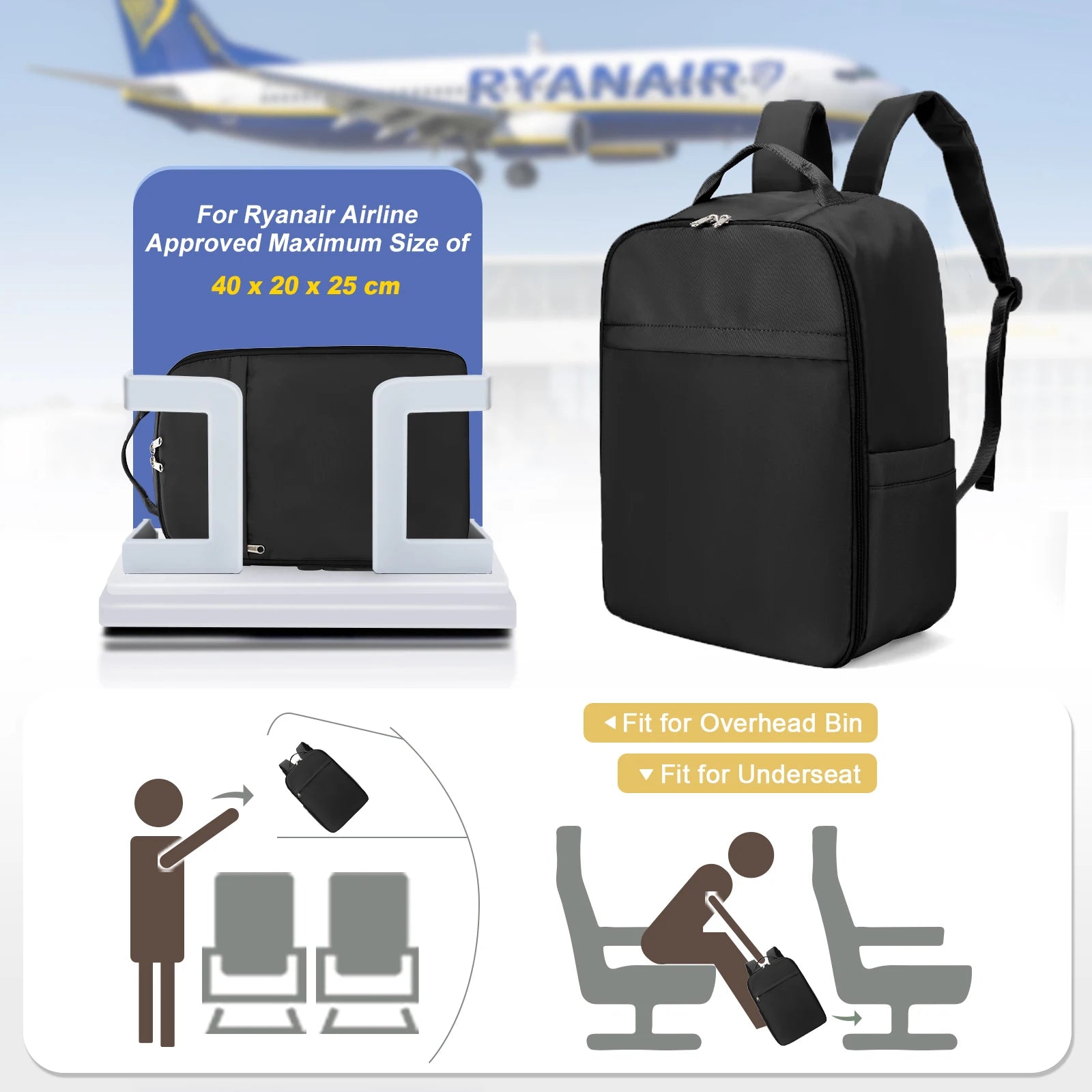 Ryanair Backpack 40x20x25 Cabin Bag, Hand Luggage Travel Backpack for Easyjet Cabin Bag 45x36x20, Laptop Backpack for Women/Men SuperFye Black / Large SuperFye