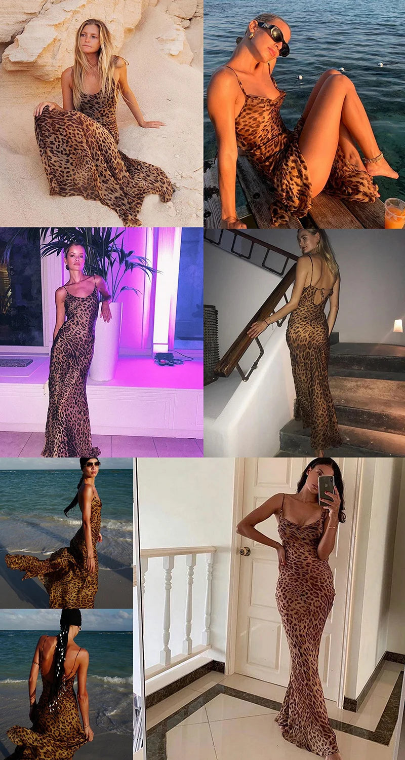 Julissa Mo Leopard Print V-Neck Sexy Bodycon Long Dress Women Lace Up Backless Summer Dresses Female Straps Party Beach Vestidos