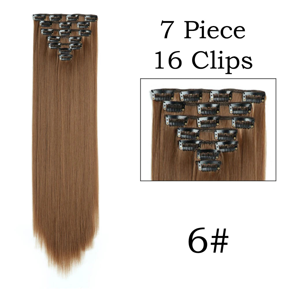 24Inchs 16 Clips in Hair Extensions Long Straight Hairstyle Synthetic Blonde Black Hairpieces Heat Resistant False Hair SuperFye 6 / 24inches SuperFye