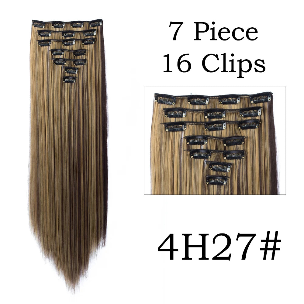 24Inchs 16 Clips in Hair Extensions Long Straight Hairstyle Synthetic Blonde Black Hairpieces Heat Resistant False Hair SuperFye 4H27 / 24inches SuperFye