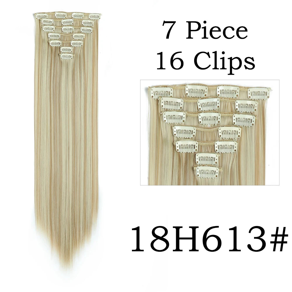 24Inchs 16 Clips in Hair Extensions Long Straight Hairstyle Synthetic Blonde Black Hairpieces Heat Resistant False Hair SuperFye 18H613 / 24inches SuperFye