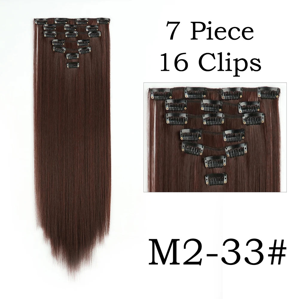 24Inchs 16 Clips in Hair Extensions Long Straight Hairstyle Synthetic Blonde Black Hairpieces Heat Resistant False Hair SuperFye M2-33 / 24inches SuperFye