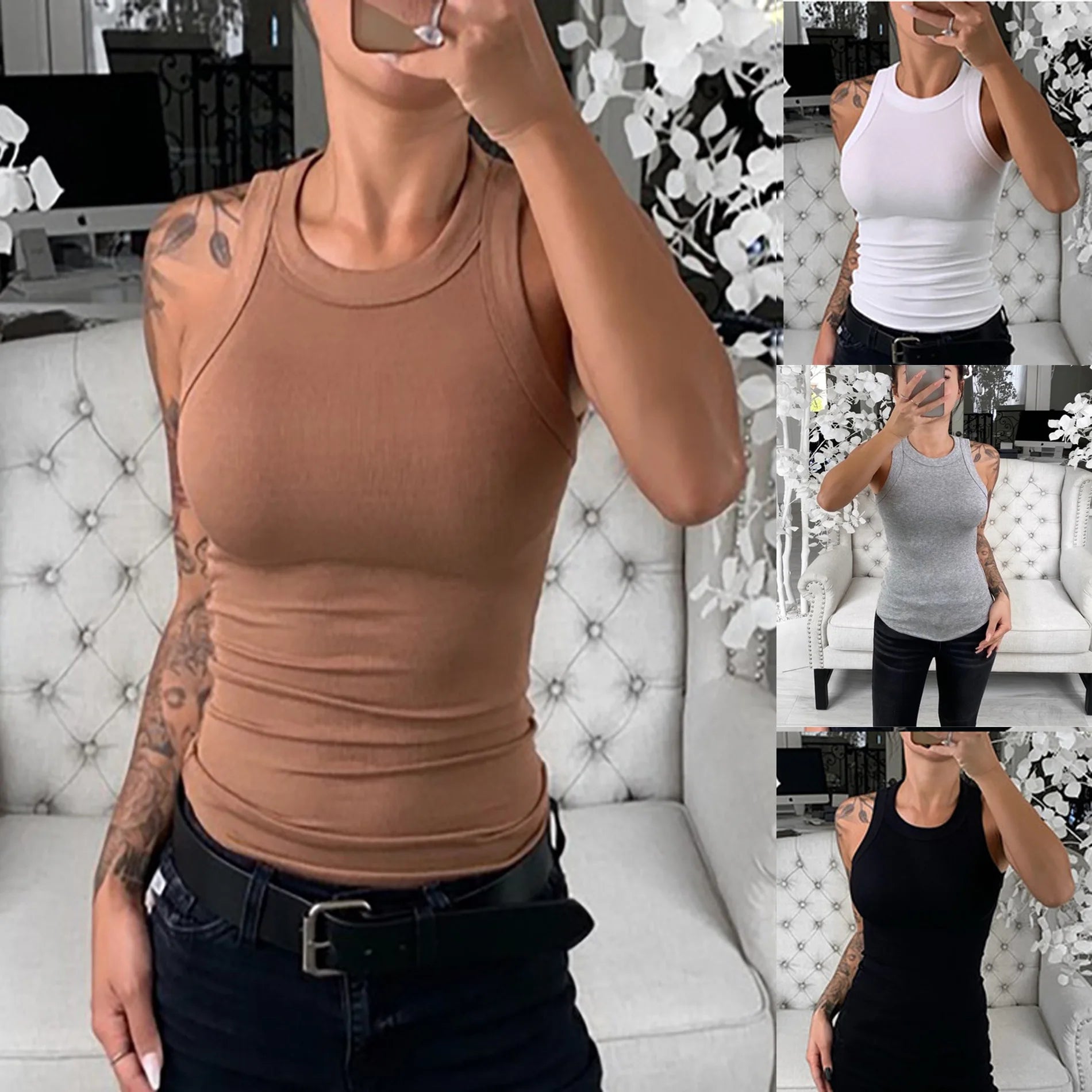 Women Solid Round Neck Ribbed Tank Top Camisole Women Summer Basic Elastic Tank Top O Neck Solid Tank Top SuperFye Gray / XXL SuperFye