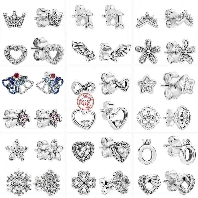 New 925 Sterling Silver Earring Feather Flowers Heart Pavé Infinite Shine Earrings Fit Original Brand Charms Jewelry Gifts Women