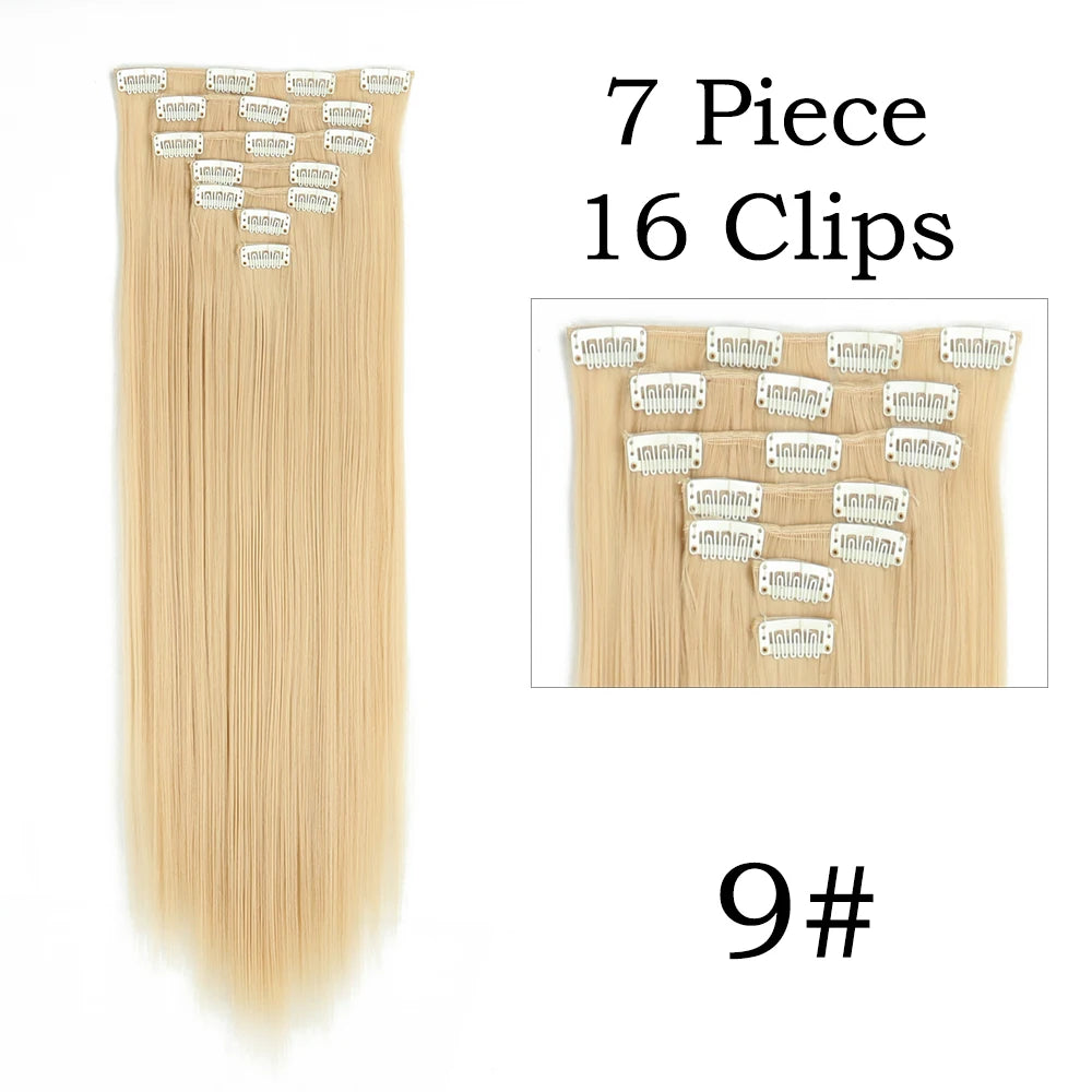 24Inchs 16 Clips in Hair Extensions Long Straight Hairstyle Synthetic Blonde Black Hairpieces Heat Resistant False Hair SuperFye 9 1 / 24inches SuperFye