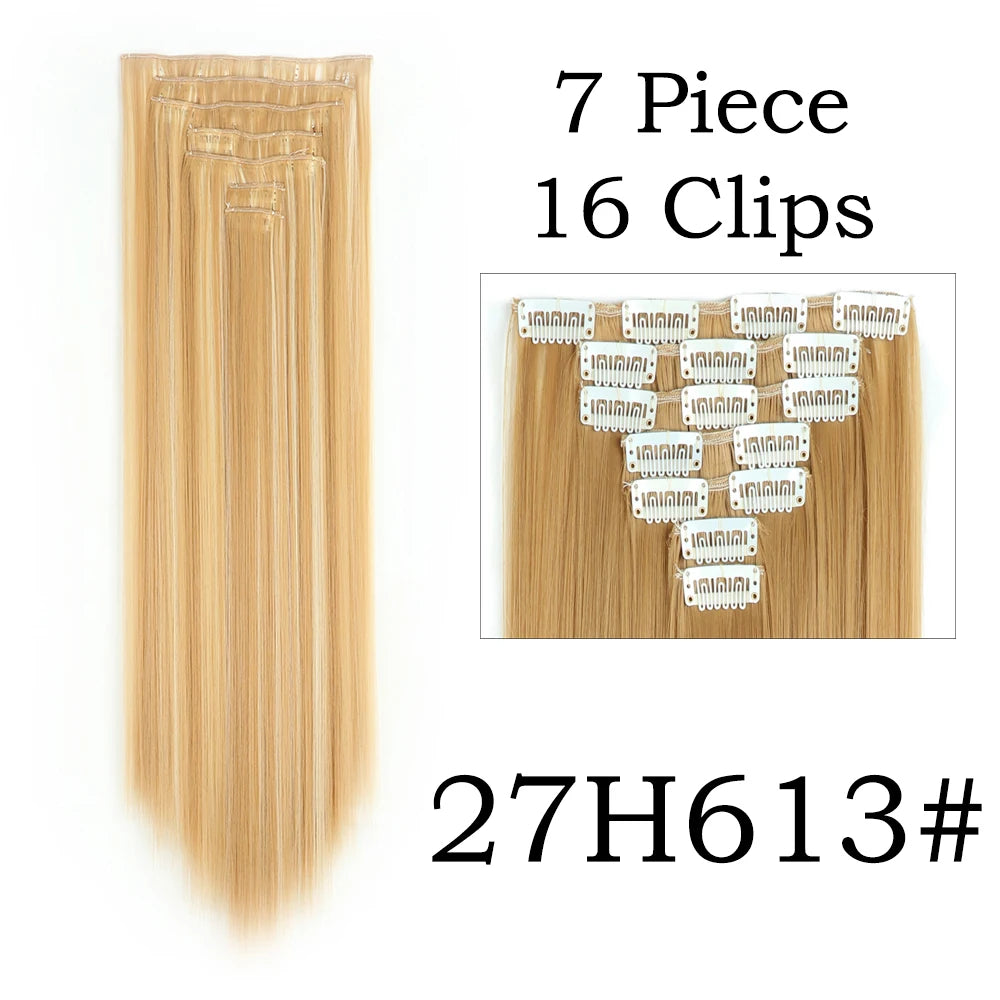 24Inchs 16 Clips in Hair Extensions Long Straight Hairstyle Synthetic Blonde Black Hairpieces Heat Resistant False Hair SuperFye 27H613 / 24inches SuperFye