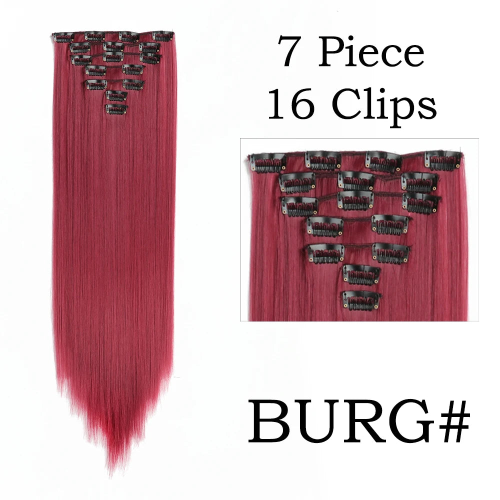 24Inchs 16 Clips in Hair Extensions Long Straight Hairstyle Synthetic Blonde Black Hairpieces Heat Resistant False Hair SuperFye BURG / 24inches SuperFye