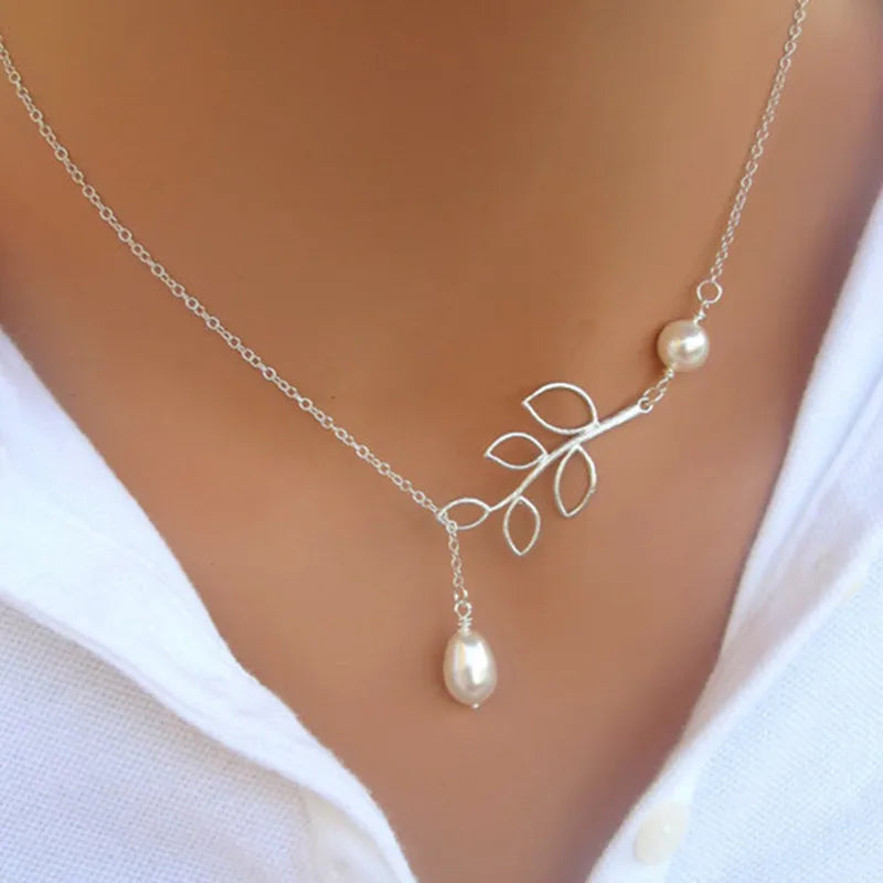 Minimalist Round Stick Pendant Necklace for Women Pearl Clavicle Necklace Leaves Long Chain Fashion Jewelry Statement Girl Gift SuperFye Gold SuperFye