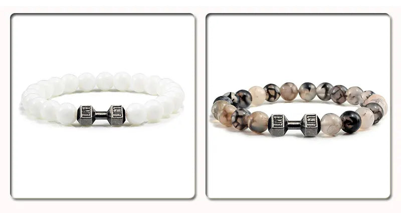 Natural Volcanic Stone Bracelet Men Matte Black Lave White Beads Charm Dumbbell Strand Bracelets Women Barbell Fitness Jewelry SuperFye White Gold Color SuperFye