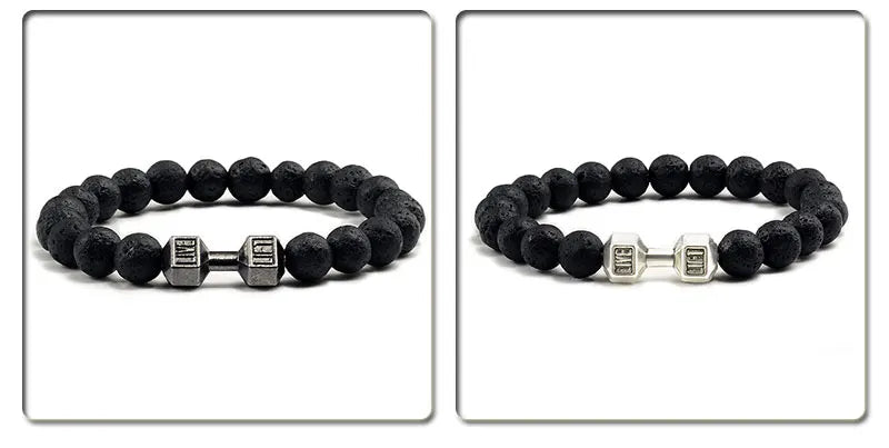 Natural Volcanic Stone Bracelet Men Matte Black Lave White Beads Charm Dumbbell Strand Bracelets Women Barbell Fitness Jewelry SuperFye White Gold Color SuperFye