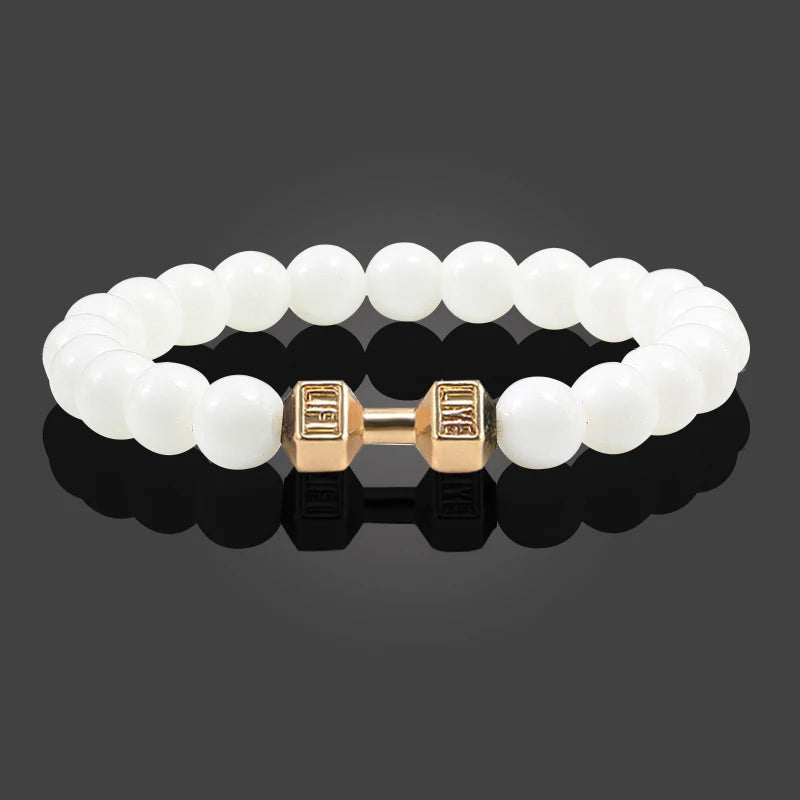 Natural Volcanic Stone Bracelet Men Matte Black Lave White Beads Charm Dumbbell Strand Bracelets Women Barbell Fitness Jewelry SuperFye White Gold Color SuperFye