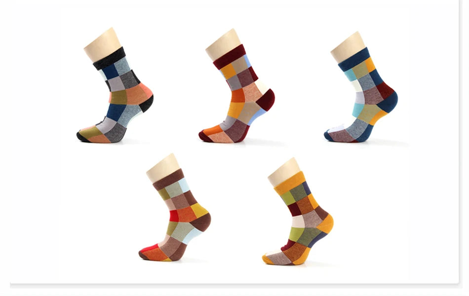 5 Pairs/Lot Combed Cotton Men's Socks Compression Socks Fashion Colorful Square Happy Dress Socks Men Size 39-45