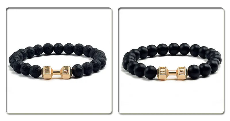 Natural Volcanic Stone Bracelet Men Matte Black Lave White Beads Charm Dumbbell Strand Bracelets Women Barbell Fitness Jewelry SuperFye White Gold Color SuperFye