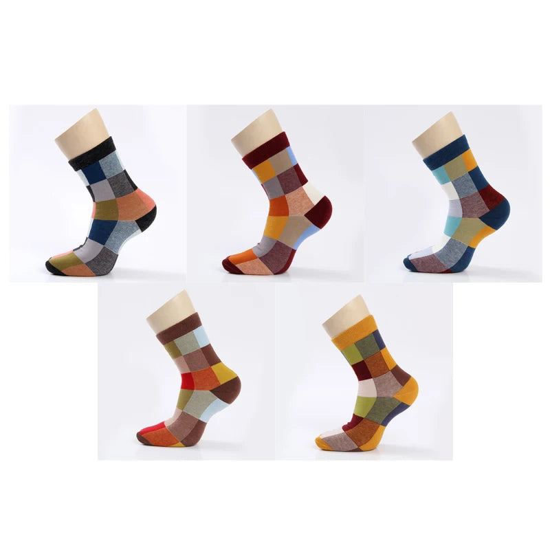 5 Pairs/Lot Combed Cotton Men's Socks Compression Socks Fashion Colorful Square Happy Dress Socks Men Size 39-45