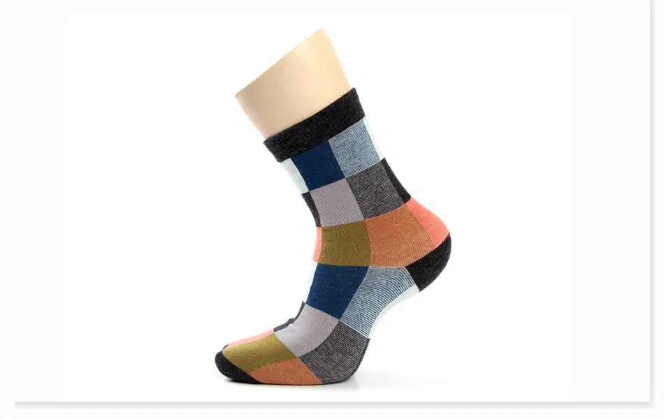 5 Pairs/Lot Combed Cotton Men's Socks Compression Socks Fashion Colorful Square Happy Dress Socks Men Size 39-45