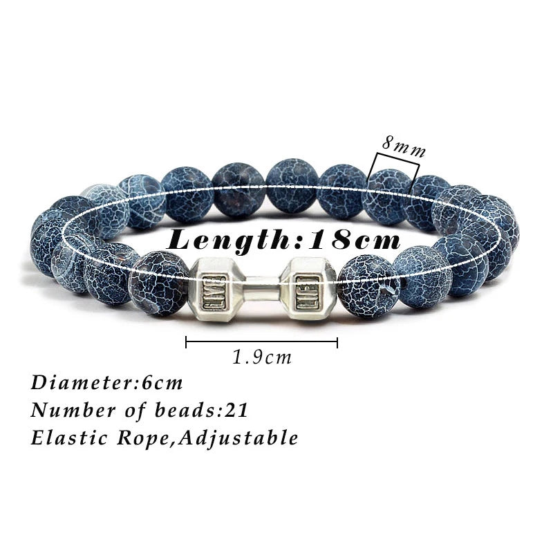 Natural Volcanic Stone Bracelet Men Matte Black Lave White Beads Charm Dumbbell Strand Bracelets Women Barbell Fitness Jewelry SuperFye White Gold Color SuperFye