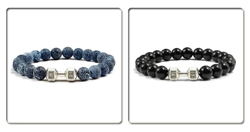 Natural Volcanic Stone Bracelet Men Matte Black Lave White Beads Charm Dumbbell Strand Bracelets Women Barbell Fitness Jewelry SuperFye White Gold Color SuperFye