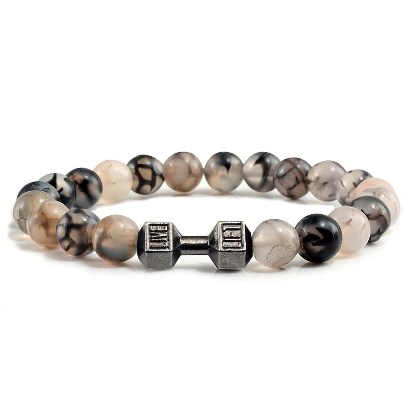 Natural Volcanic Stone Bracelet Men Matte Black Lave White Beads Charm Dumbbell Strand Bracelets Women Barbell Fitness Jewelry SuperFye White Gold Color SuperFye