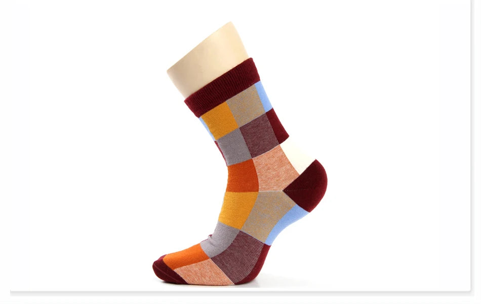 5 Pairs/Lot Combed Cotton Men's Socks Compression Socks Fashion Colorful Square Happy Dress Socks Men Size 39-45