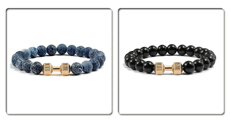 Natural Volcanic Stone Bracelet Men Matte Black Lave White Beads Charm Dumbbell Strand Bracelets Women Barbell Fitness Jewelry SuperFye White Gold Color SuperFye