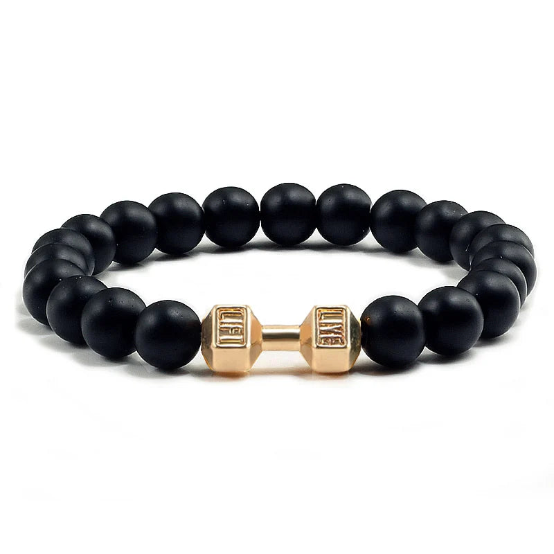 Natural Volcanic Stone Bracelet Men Matte Black Lave White Beads Charm Dumbbell Strand Bracelets Women Barbell Fitness Jewelry SuperFye Black Matte G SuperFye