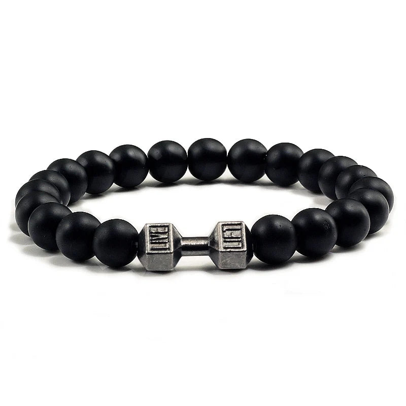 Natural Volcanic Stone Bracelet Men Matte Black Lave White Beads Charm Dumbbell Strand Bracelets Women Barbell Fitness Jewelry SuperFye White Gold Color SuperFye