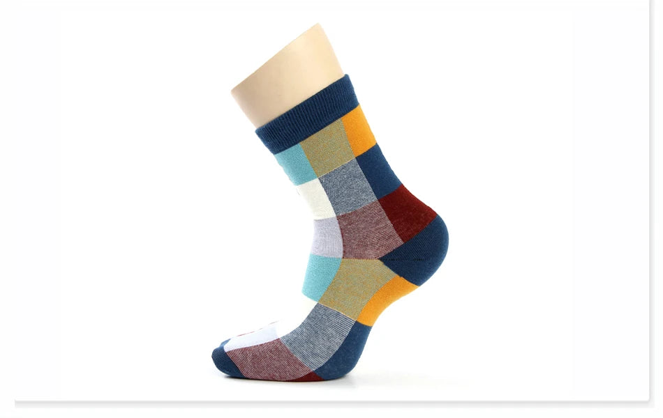 5 Pairs/Lot Combed Cotton Men's Socks Compression Socks Fashion Colorful Square Happy Dress Socks Men Size 39-45