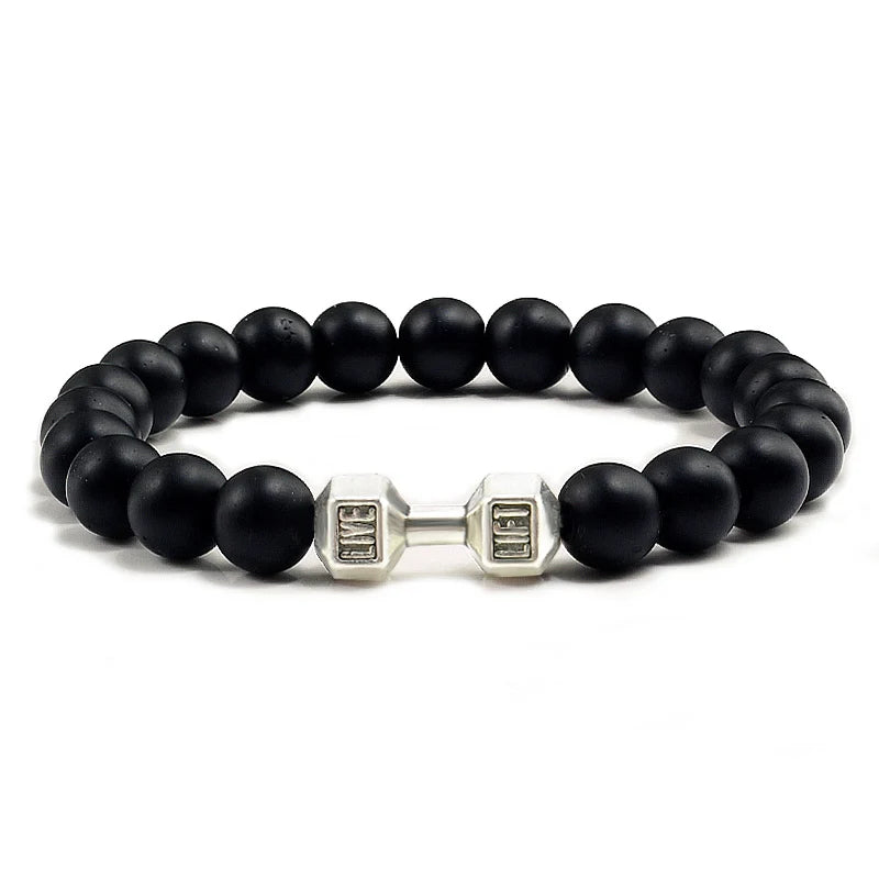 Natural Volcanic Stone Bracelet Men Matte Black Lave White Beads Charm Dumbbell Strand Bracelets Women Barbell Fitness Jewelry