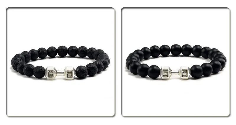 Natural Volcanic Stone Bracelet Men Matte Black Lave White Beads Charm Dumbbell Strand Bracelets Women Barbell Fitness Jewelry SuperFye White Gold Color SuperFye