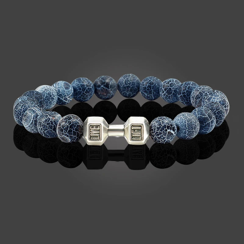 Natural Volcanic Stone Bracelet Men Matte Black Lave White Beads Charm Dumbbell Strand Bracelets Women Barbell Fitness Jewelry SuperFye White Gold Color SuperFye