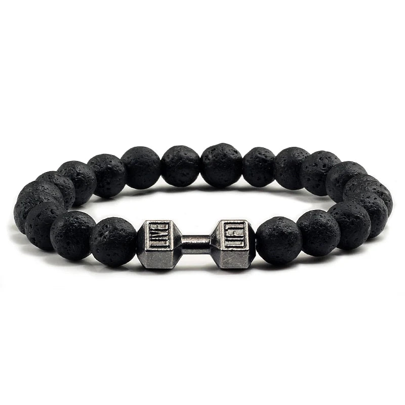 Natural Volcanic Stone Bracelet Men Matte Black Lave White Beads Charm Dumbbell Strand Bracelets Women Barbell Fitness Jewelry SuperFye White Gold Color SuperFye