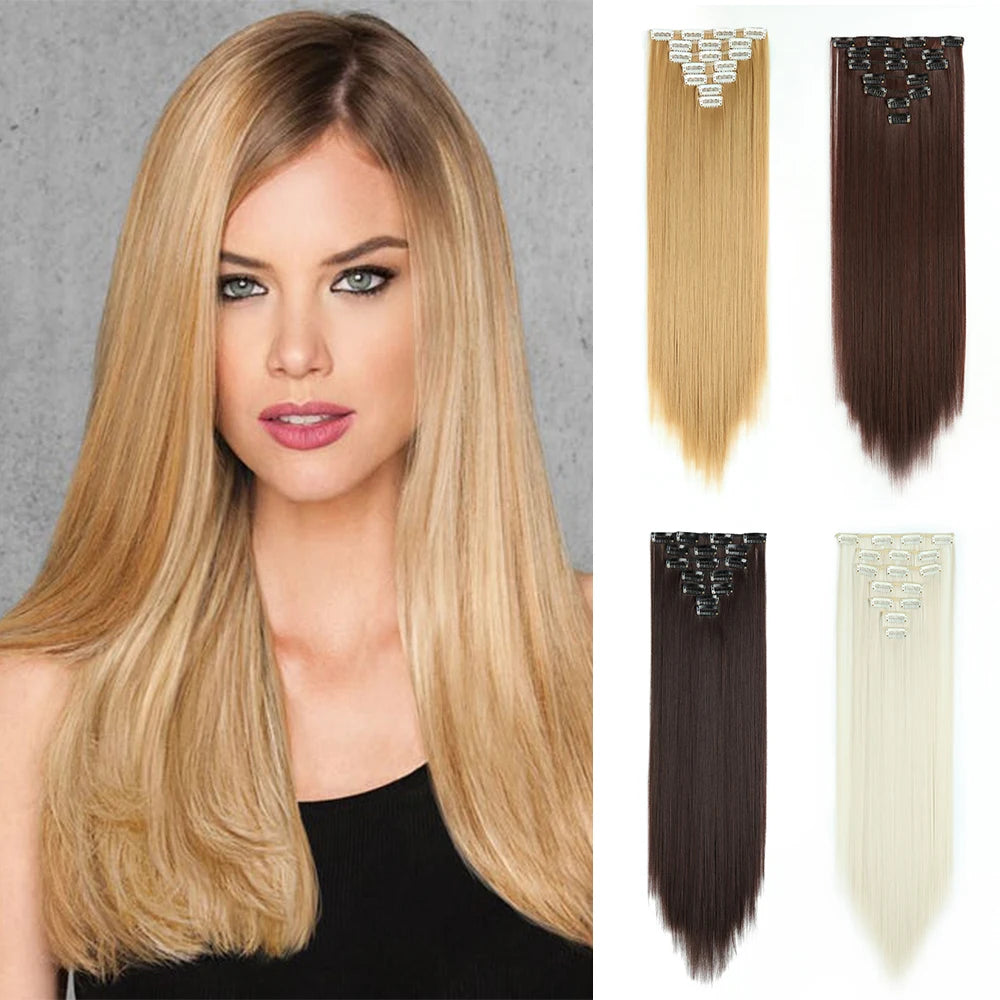 24Inchs 16 Clips in Hair Extensions Long Straight Hairstyle Synthetic Blonde Black Hairpieces Heat Resistant False Hair SuperFye 16-613 / 24inches SuperFye