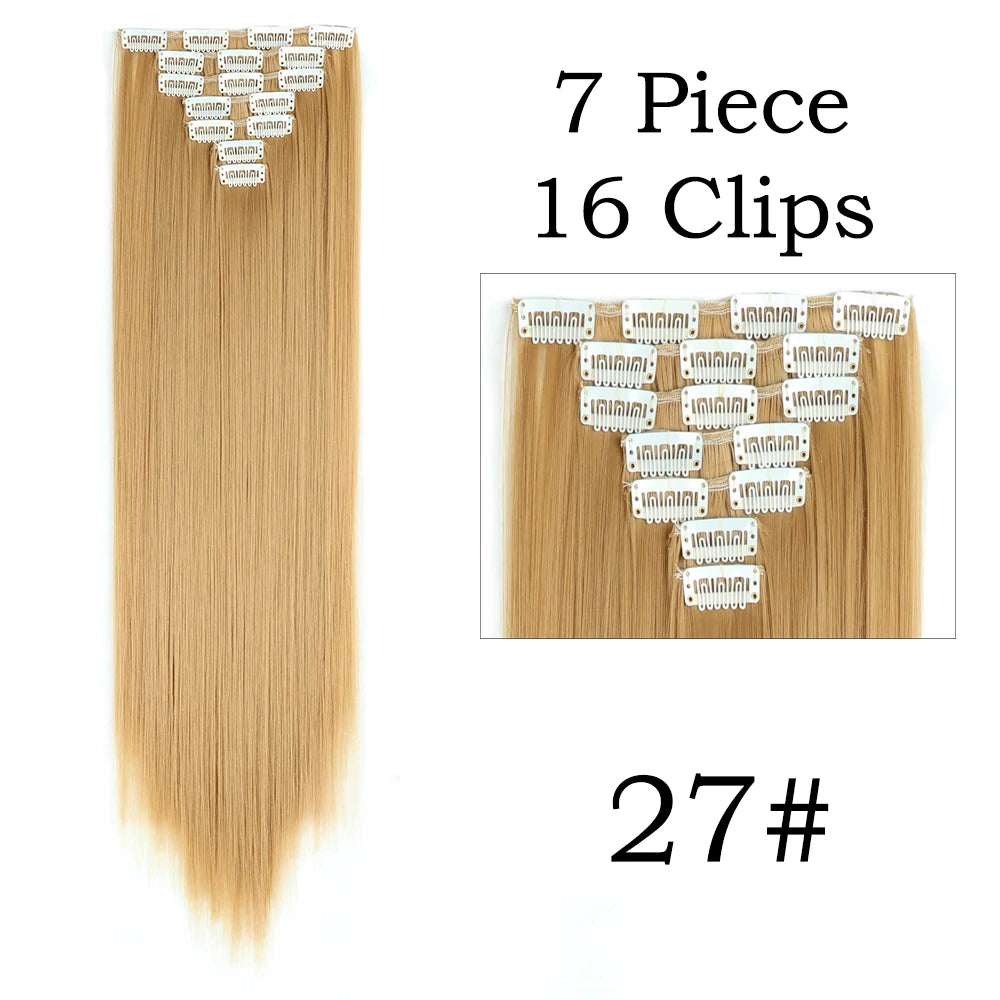 24Inchs 16 Clips in Hair Extensions Long Straight Hairstyle Synthetic Blonde Black Hairpieces Heat Resistant False Hair SuperFye 27 / 24inches SuperFye