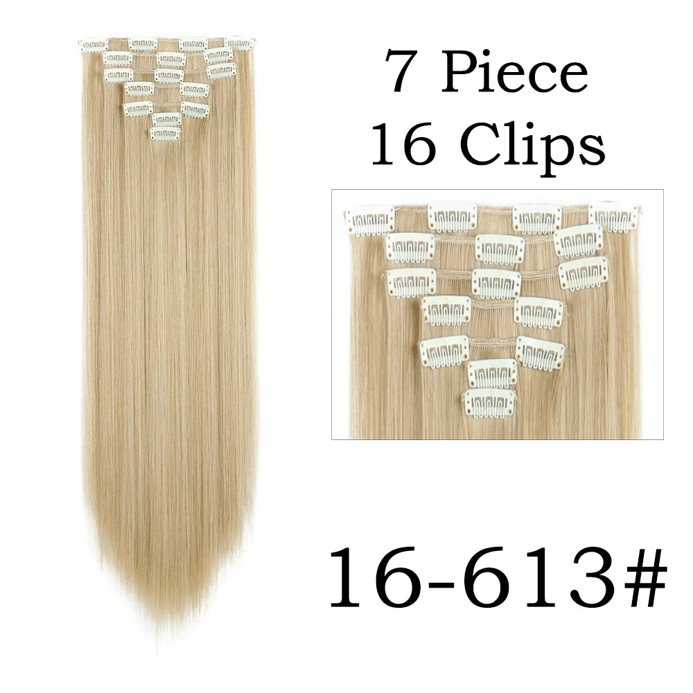 24Inchs 16 Clips in Hair Extensions Long Straight Hairstyle Synthetic Blonde Black Hairpieces Heat Resistant False Hair SuperFye 16-613 1 / 24inches SuperFye