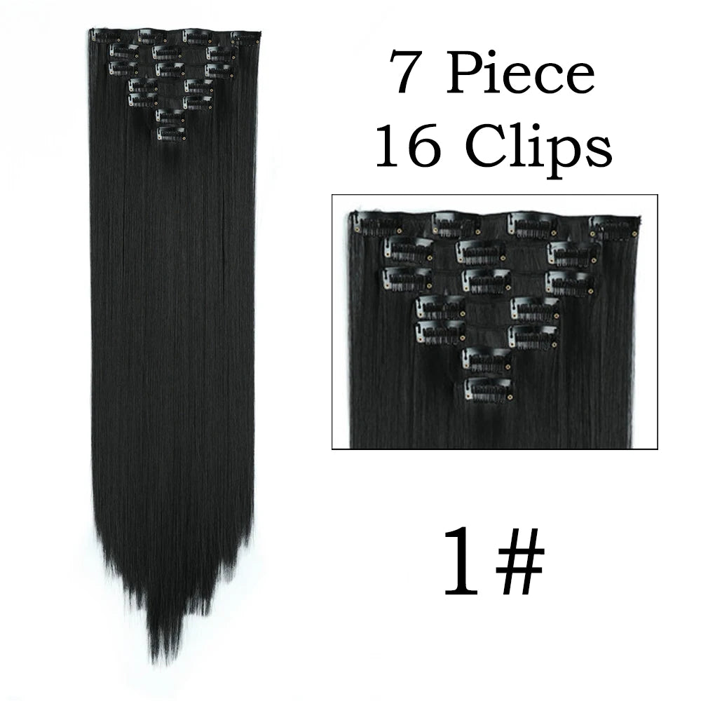 24Inchs 16 Clips in Hair Extensions Long Straight Hairstyle Synthetic Blonde Black Hairpieces Heat Resistant False Hair SuperFye 1 / 24inches SuperFye