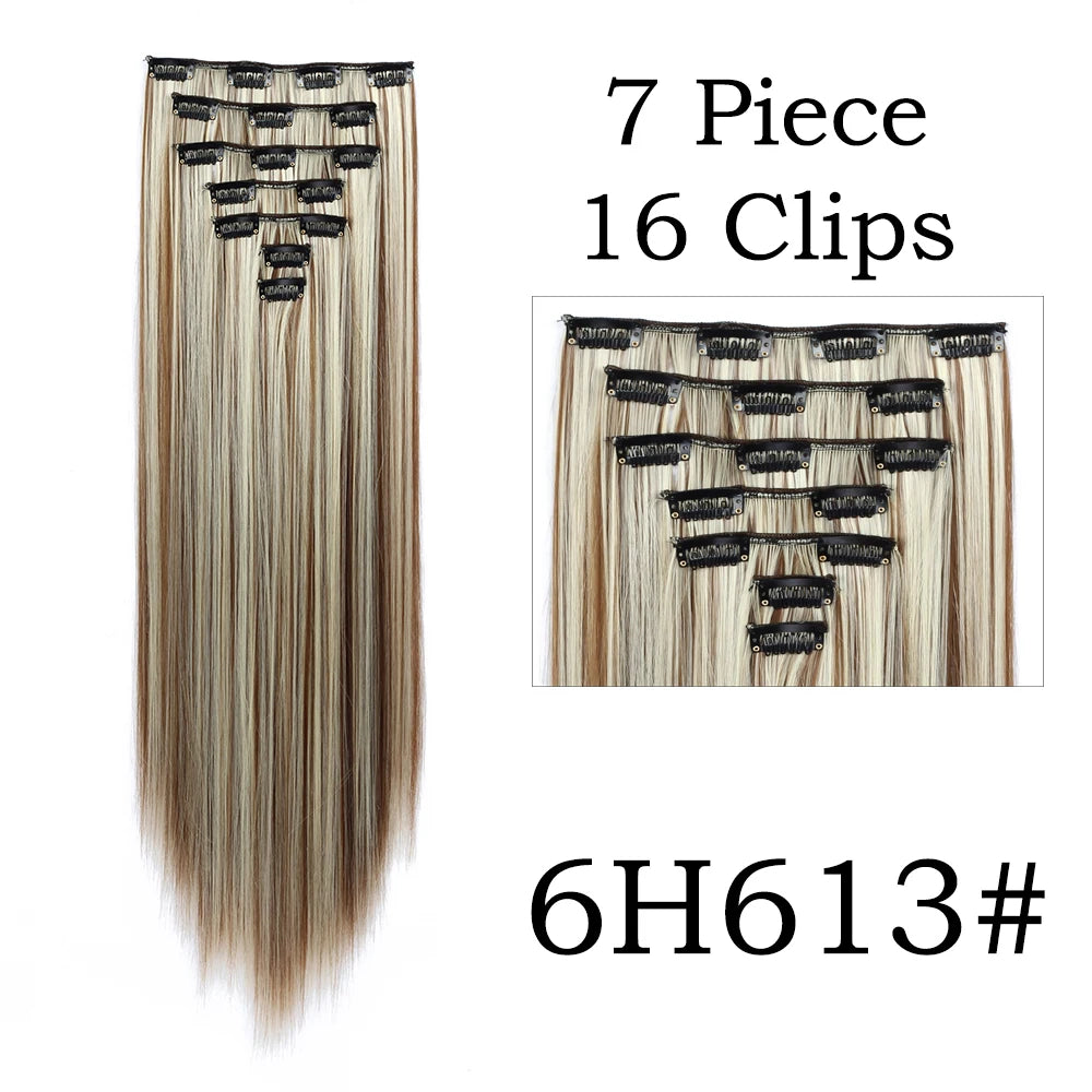 24Inchs 16 Clips in Hair Extensions Long Straight Hairstyle Synthetic Blonde Black Hairpieces Heat Resistant False Hair SuperFye 6H613 / 24inches SuperFye