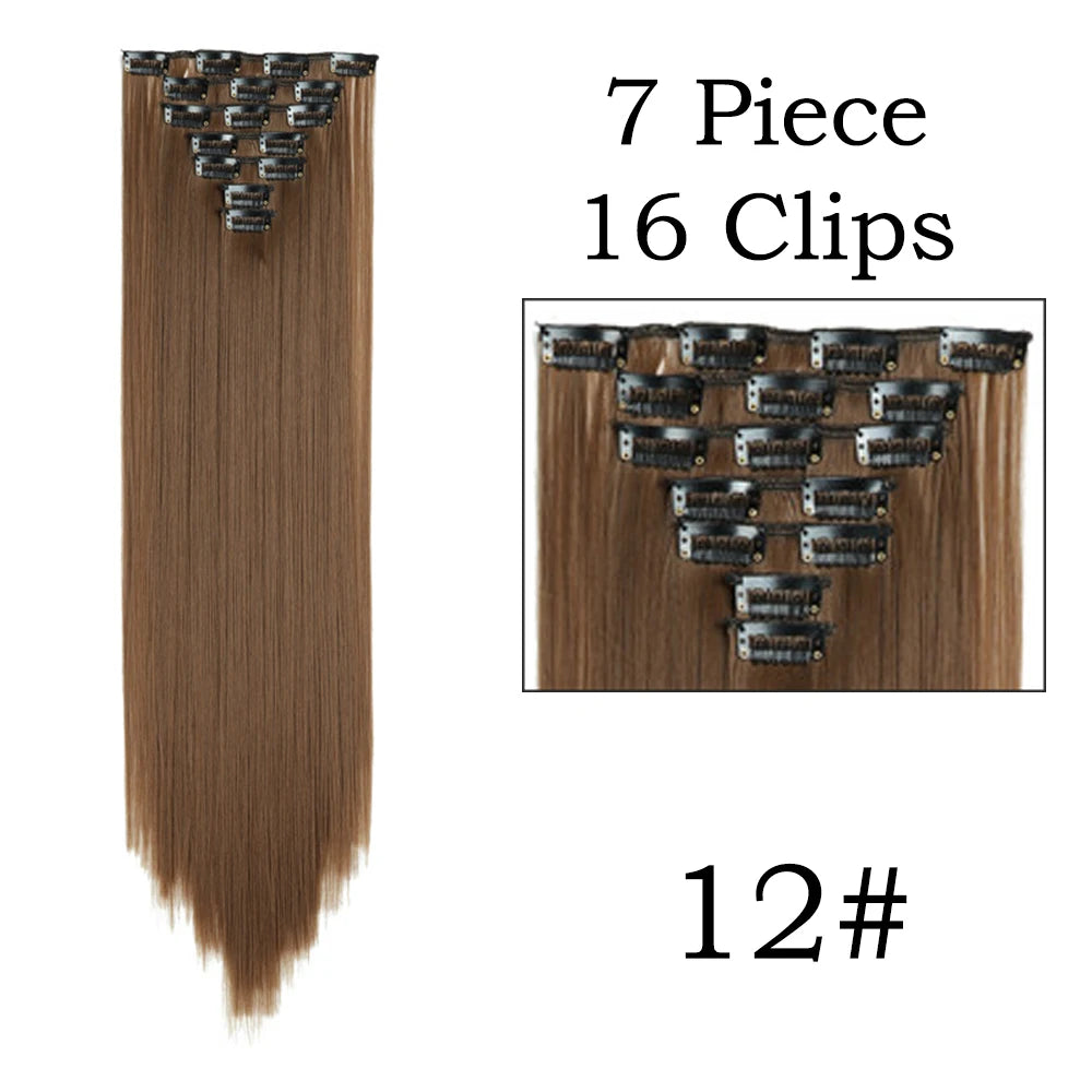 24Inchs 16 Clips in Hair Extensions Long Straight Hairstyle Synthetic Blonde Black Hairpieces Heat Resistant False Hair SuperFye 12 / 24inches SuperFye