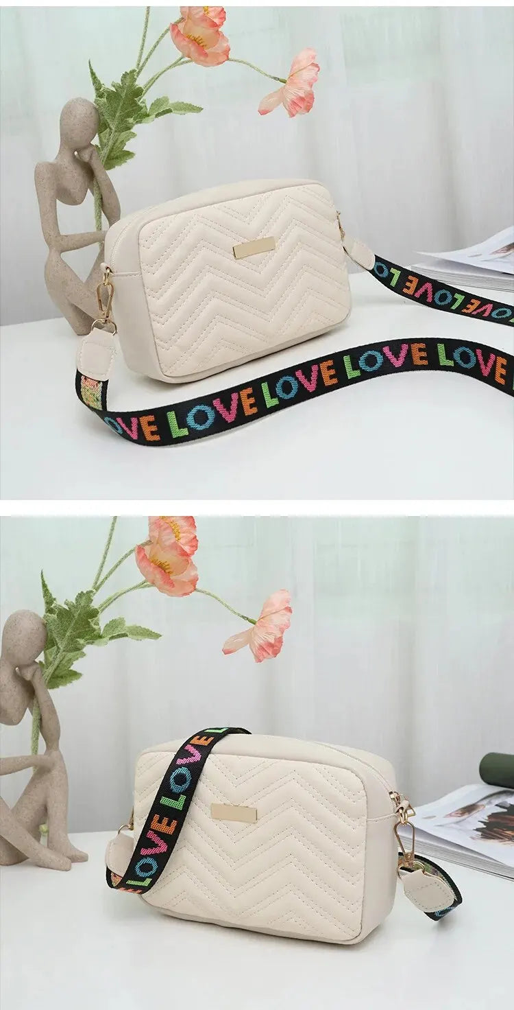 Rilibegan Embroidered Camera Bag PU Material Casual Small Square Bag Versatile Single Shoulder Bag Printed Shoulder Strap SuperFye Beige SuperFye