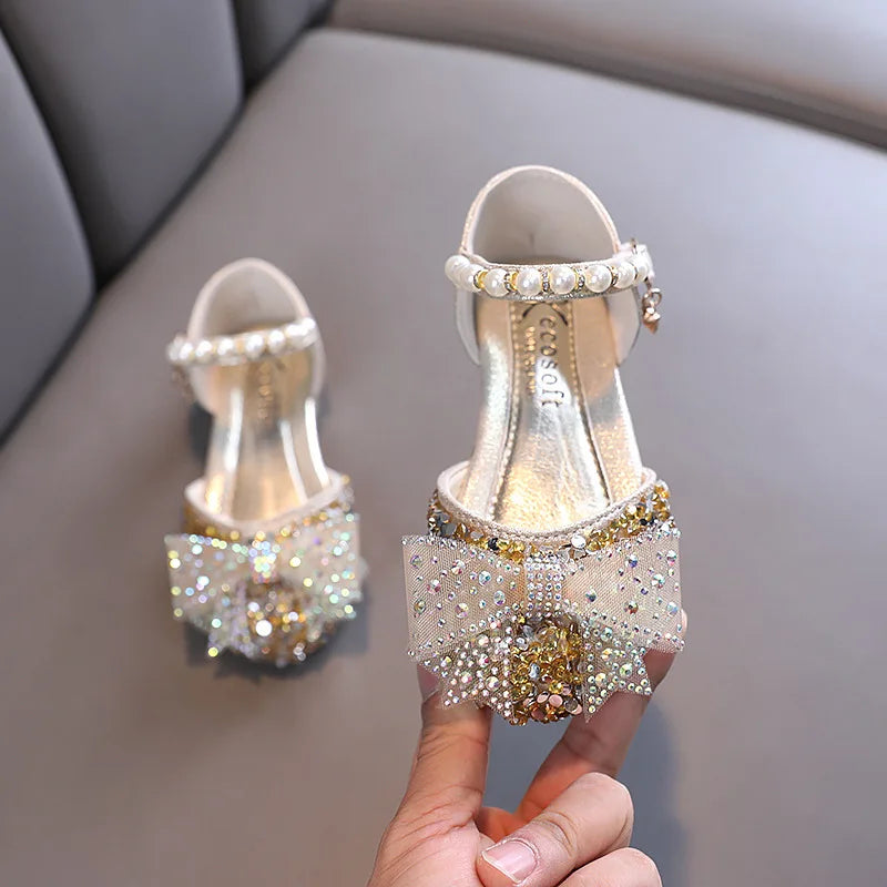 Summer Girls Sandals Fashion Sequins Rhinestone Bow Girls Princess Shoes Baby Girl Shoes Flat Heel Sandals Size 21-35 SuperFye SHF005 Gold / CN 31 insole 19cm SuperFye