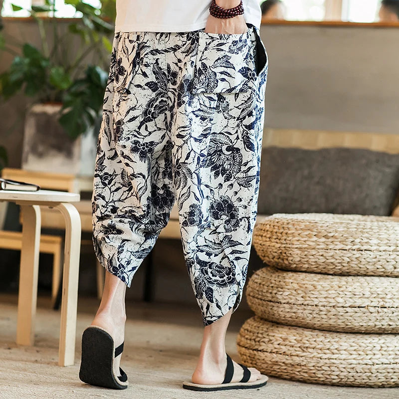 Harajuku Summer Loose Calf Length Casual Pants Men Wide Leg Cotton Linen Printing Baggy Pants Oversize Men's Trousers SuperFye Model G / Chinese Size XXXL SuperFye