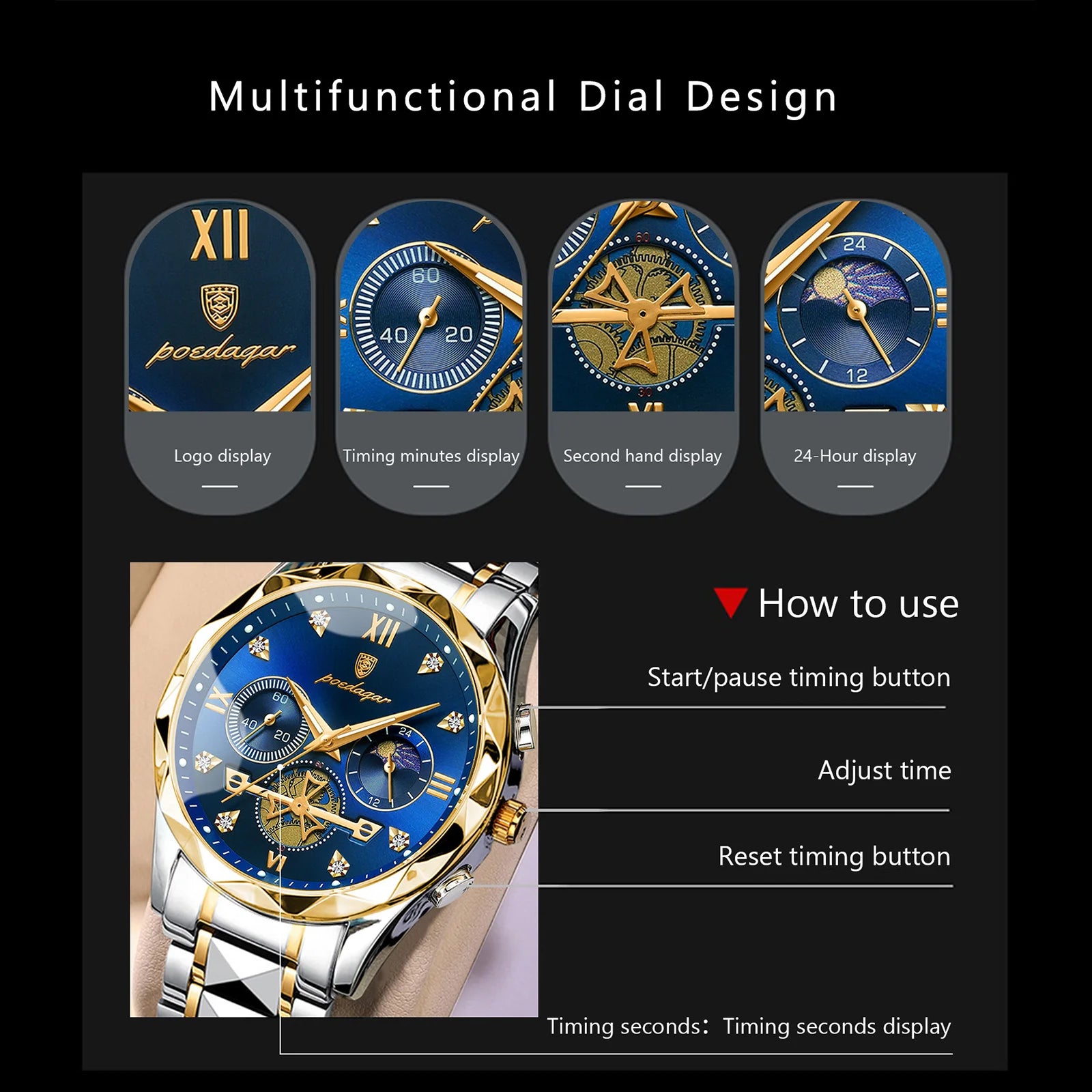 POEDAGAR Luxury Man Wristwatch Waterproof Luminous Chronograph Watch for Men Stainless Steel Men's Quartz Watches reloj hombre SuperFye Gold Blue SuperFye