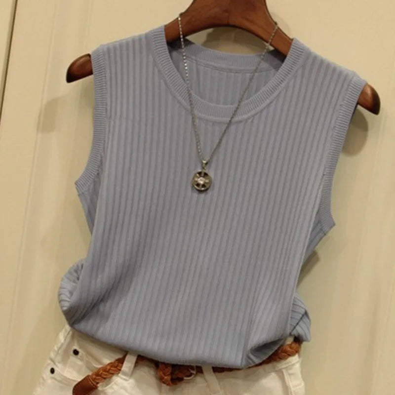 1pcs Summer New Fashion Knitted Vests O-neck Sleeveless Casual Thin Tops SuperFye One Size / WHITE SuperFye