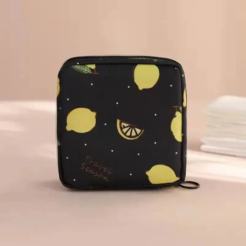 Women Sanitary Napkin Tampon Storage Bag Portable Waterproof Organizer Pouch Cartoon Pattern Sanitary Napkin Bag SuperFye Black Lemon SuperFye