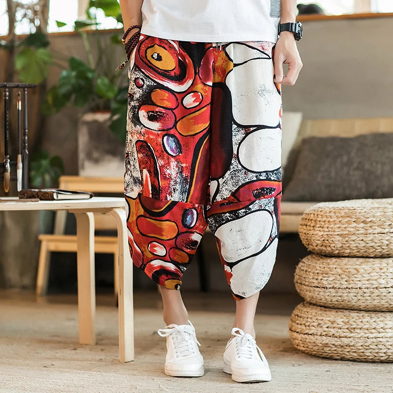 Harajuku Summer Loose Calf Length Casual Pants Men Wide Leg Cotton Linen Printing Baggy Pants Oversize Men's Trousers SuperFye Model G / Chinese Size XXXL SuperFye