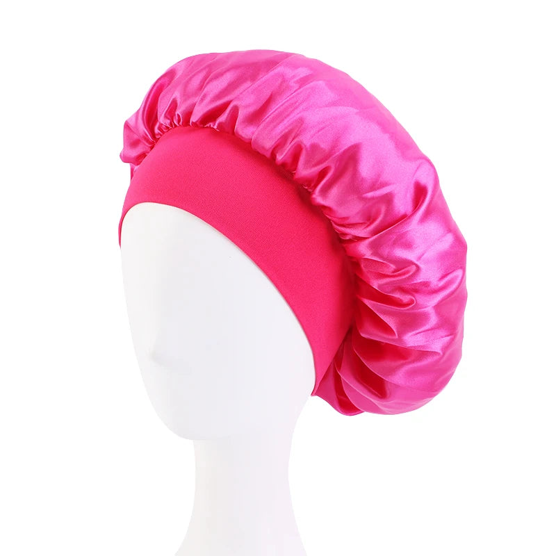 New Women's Satin Solid Wide-brimmed Sleeping Hat Unisex Head Wrap Elastic Band Cap Hair Care Bonnet Night Hat bonnet de nuit SuperFye hot pink SuperFye