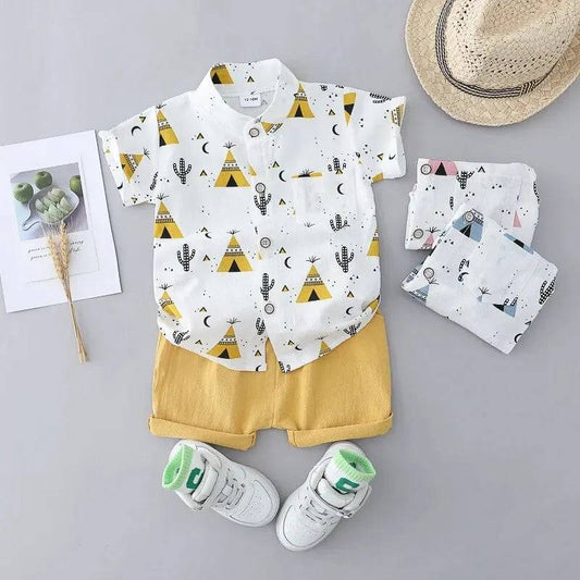 2PCS Children's Summer 100% Cotton Random Full Print Triangle Pattern Short Sleeved Stand up Collar Shirt and Shorts Set SuperFye blue / 3-6M SuperFye