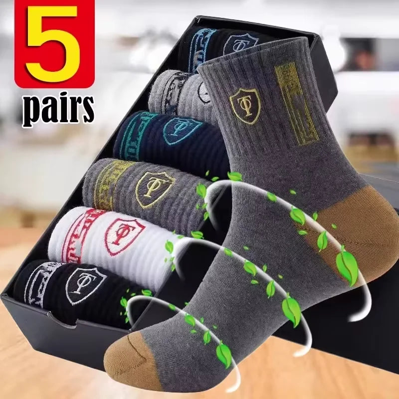 5Pairs Breathable Cotton Sports Stockings Men Bamboo Fiber Autumn and Winter Men Socks Sweat Absorption Deodorant Business Sox SuperFye Mixed Color 5 Pairs / EU39-44 SuperFye