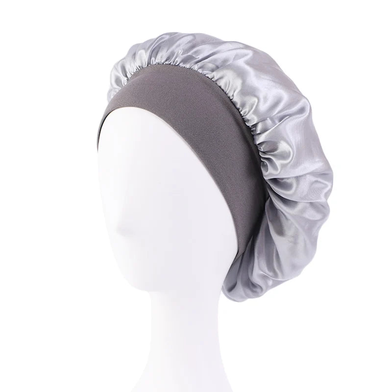 New Women's Satin Solid Wide-brimmed Sleeping Hat Unisex Head Wrap Elastic Band Cap Hair Care Bonnet Night Hat bonnet de nuit SuperFye Silver SuperFye