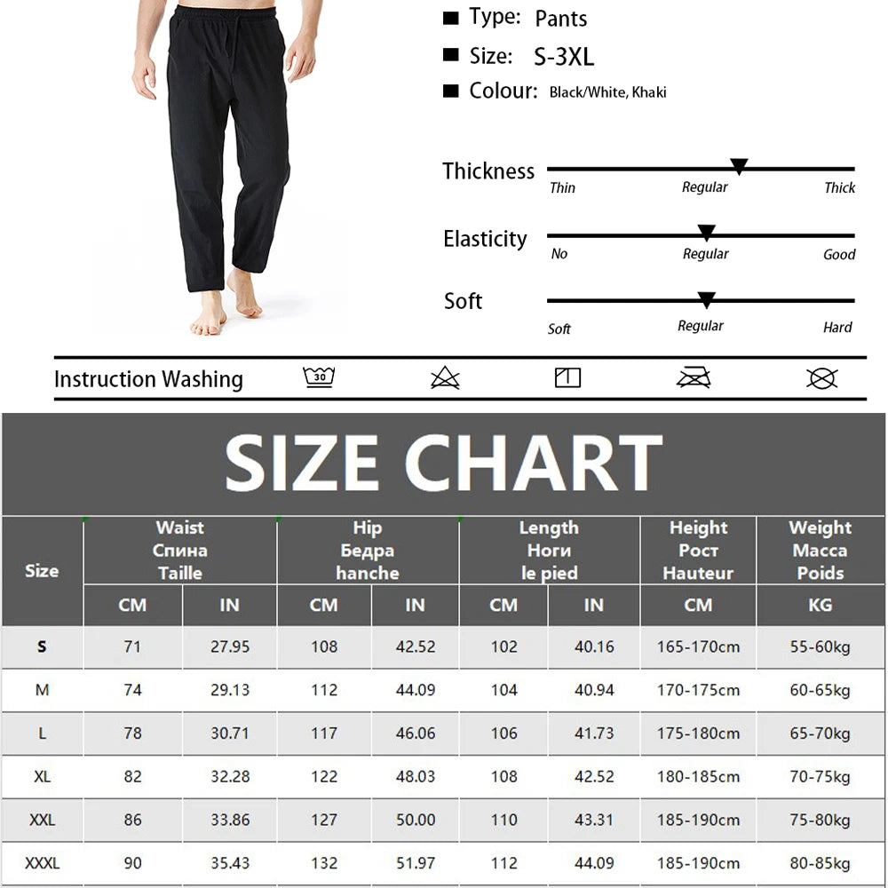 Men's Cotton Linen Long Pants Summer Solid Color Breathable Linen Trousers Male Casual Elastic Waist Casual Pants Harajuku Trous SuperFye Khaki / L SuperFye